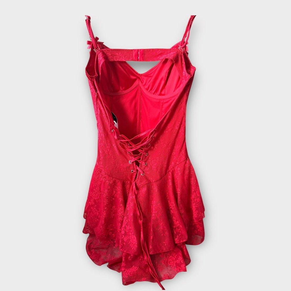 Red Lace Ruffle Mini Dress – Corset Backless Cami Dress (NWT, Size M) - Picture 7 of 12